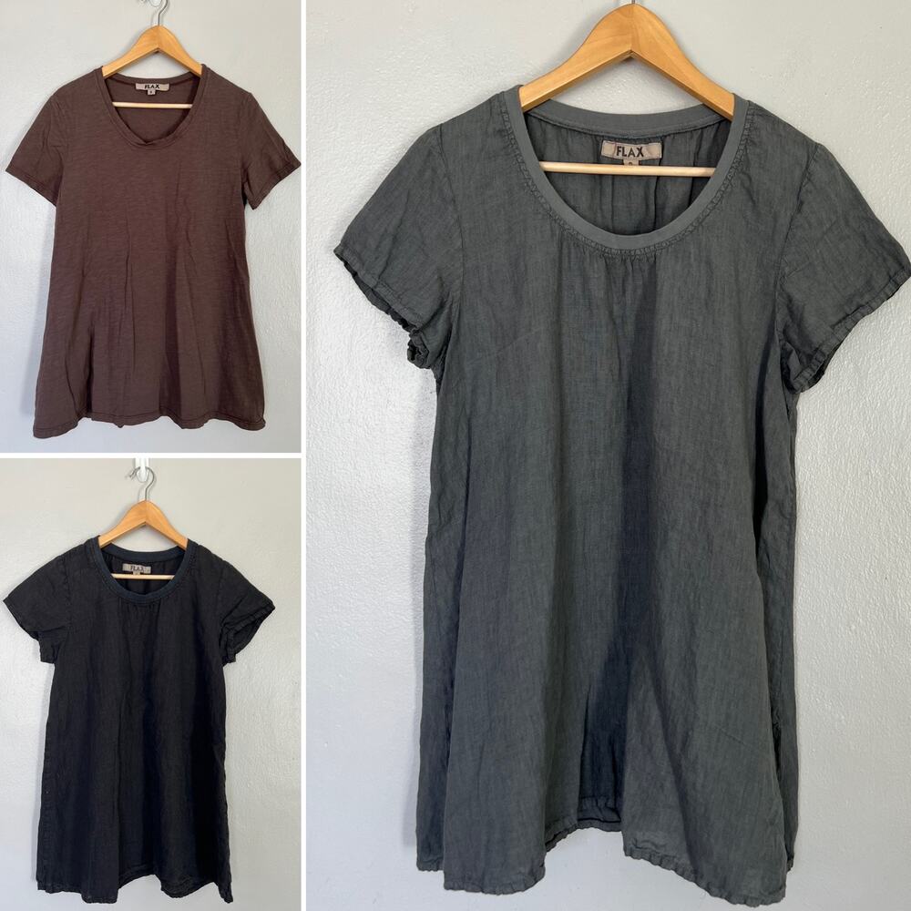 Flax Linen Tunic Tops Lot of 3 Size S Striped Tan Lagenlook Short Sleeves Beach